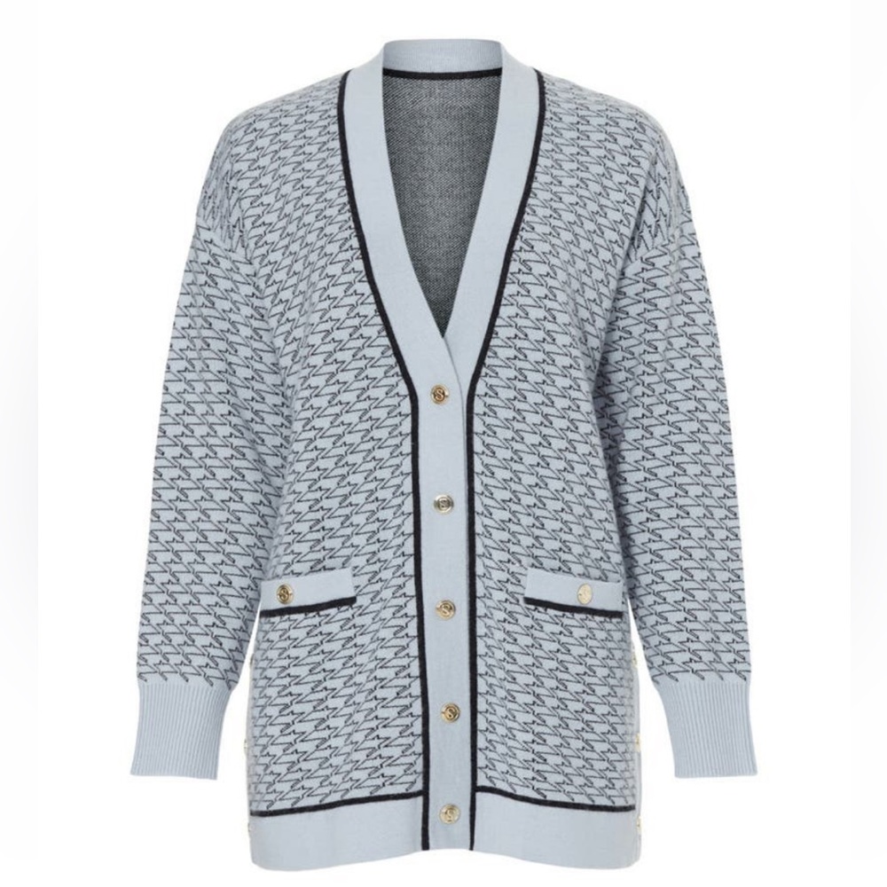 Sandro Light Blue Patterned Knit Cardigan with Black Trim - Picture 2 of 9